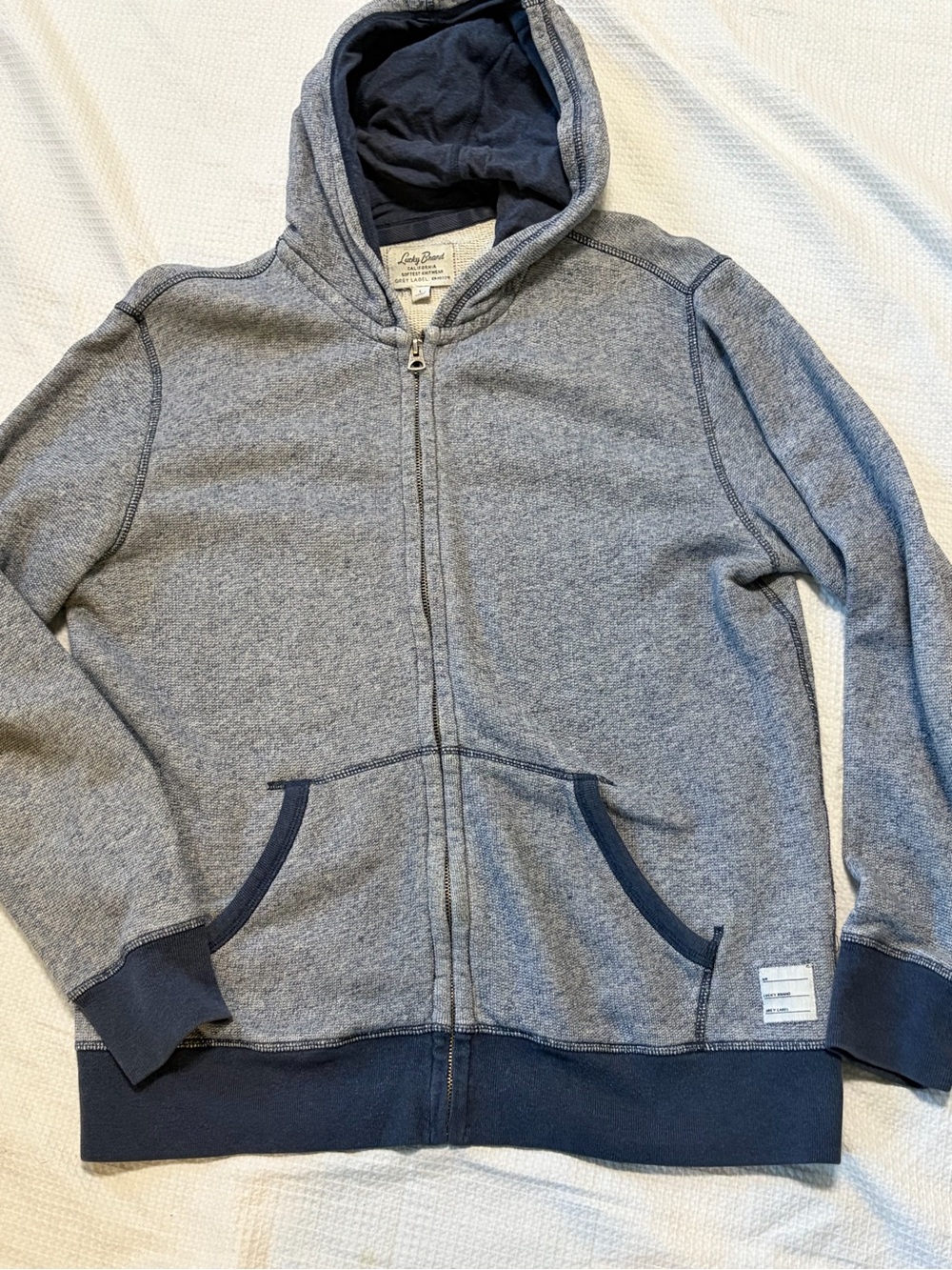 Lucky Brand Men's Gray Zip-Up Hoodie with Navy Trim